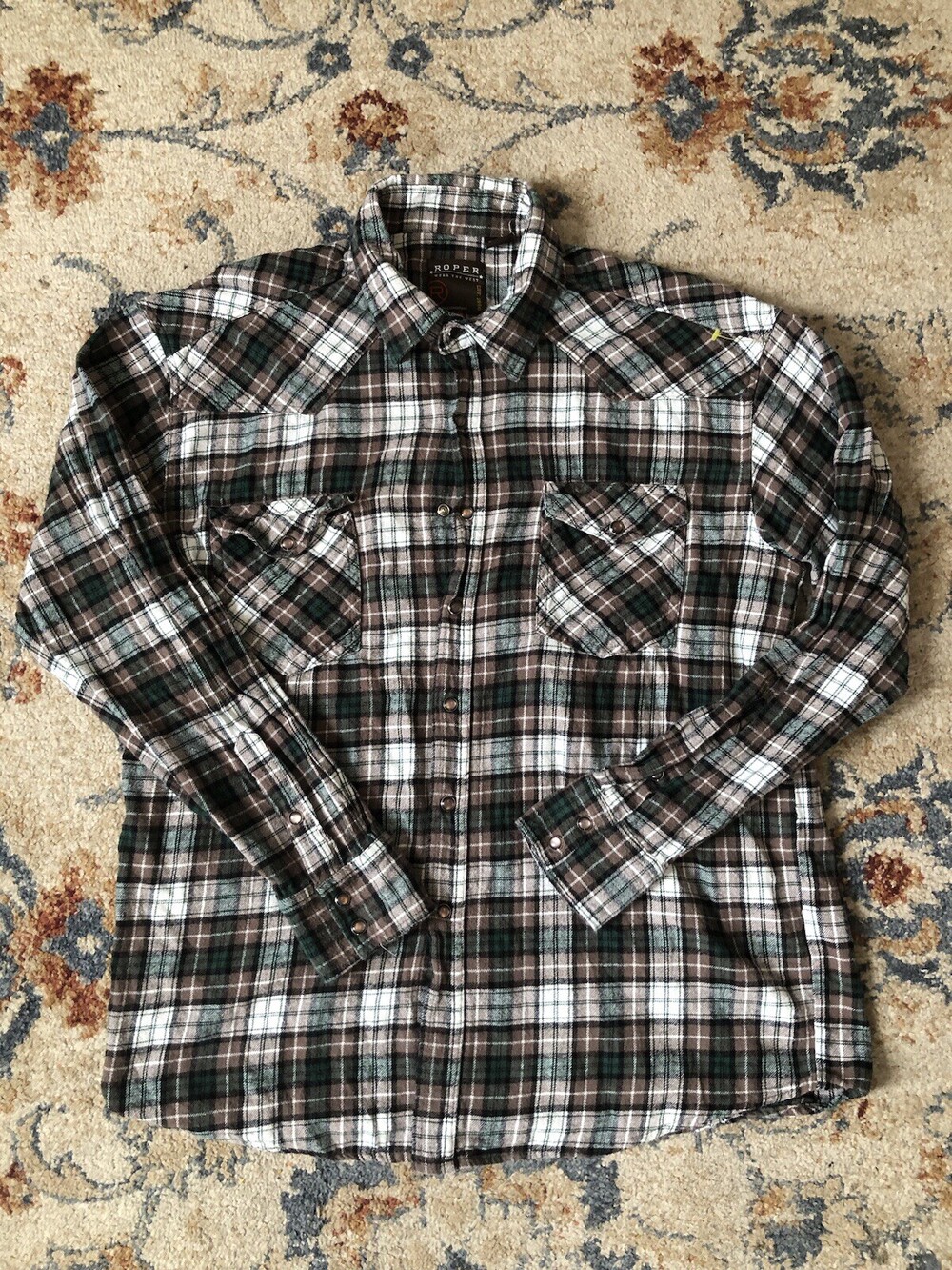 Roper Mens Plaid Pearl Snap Shirt Green Large Western Long Sleeve Rodeo